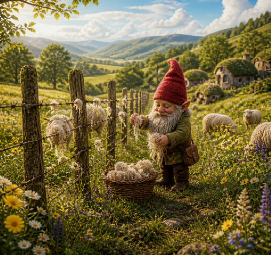 Garden Gnome collecting wool off the barbed wire fence in a field of sheep for felting and knitting projects.