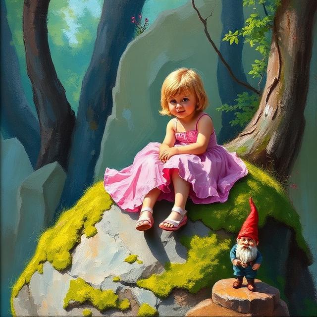 Little girl sitting on a rock with gnome at base of rock